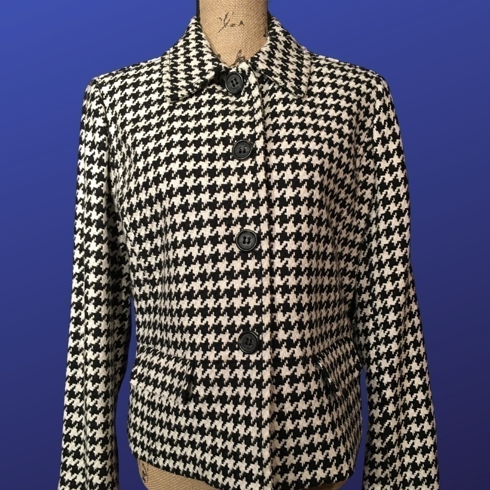 𝅺liz CLAIBORNE Black/White HOUNDSTOOTH Career Jacket/Blazer, Size LARGE PETITE